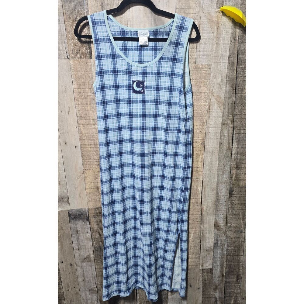 Vanity Fair Vintage 90s Blue Plaid Moon Embroidered Midi Dress Small Celestial